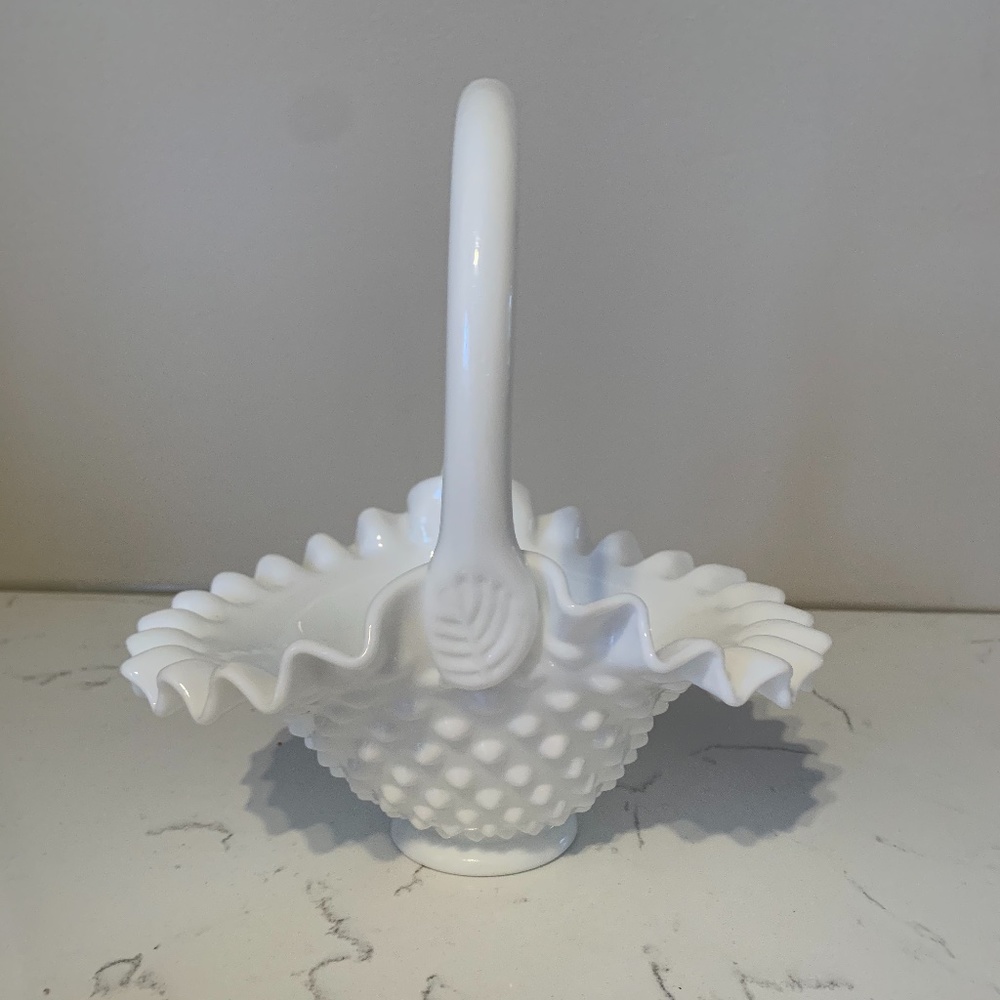Milk Glass Hobnail basket with handle